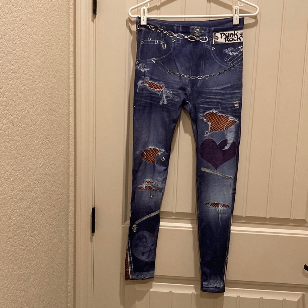 Rubie’s Punk Rock  Grundge  Skulls Chains Distress Look Legging Stretch Size OS